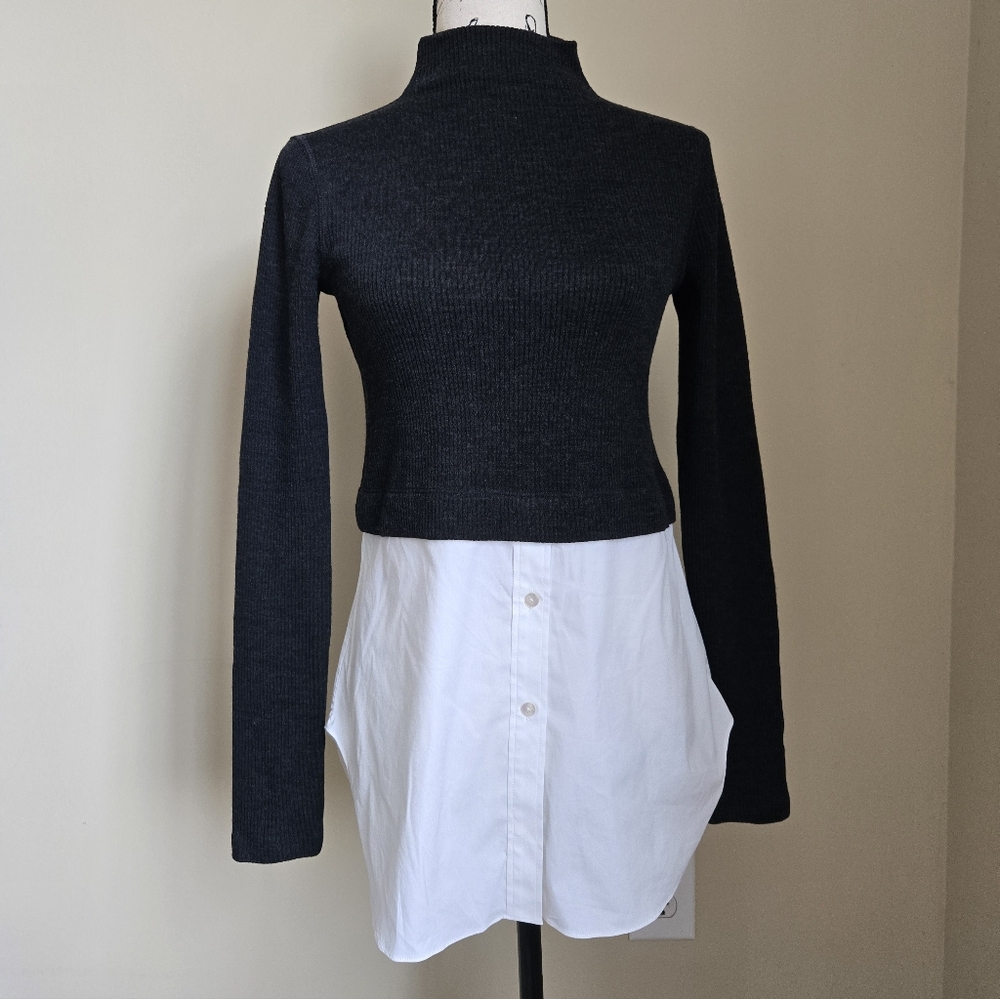 Theory Mixed Media Sweater Womens P/XS Wool Blend Gray White